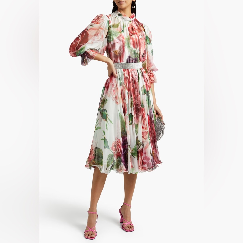 Dolce & Gabbana Peony Print Chiffon Dress With Crystal Belt - Picture 3 of 14